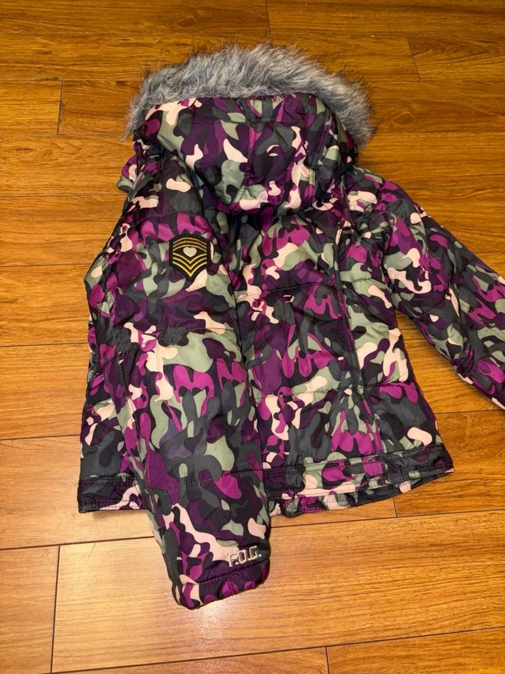 Y2K Purple and green camo coat with faux fur hood